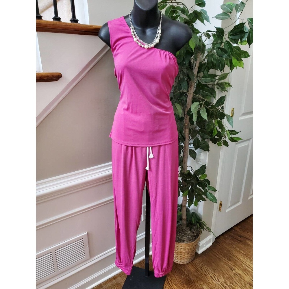 Women's Solid Pink Polyester One Shoulder Off Top & Trouser 2 Piece Set Size S